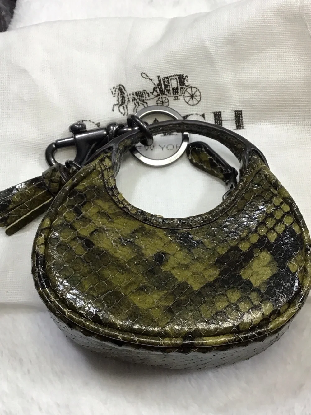 COACH Olive Green and Black Snake-Embossed Leather Key & Card Holder